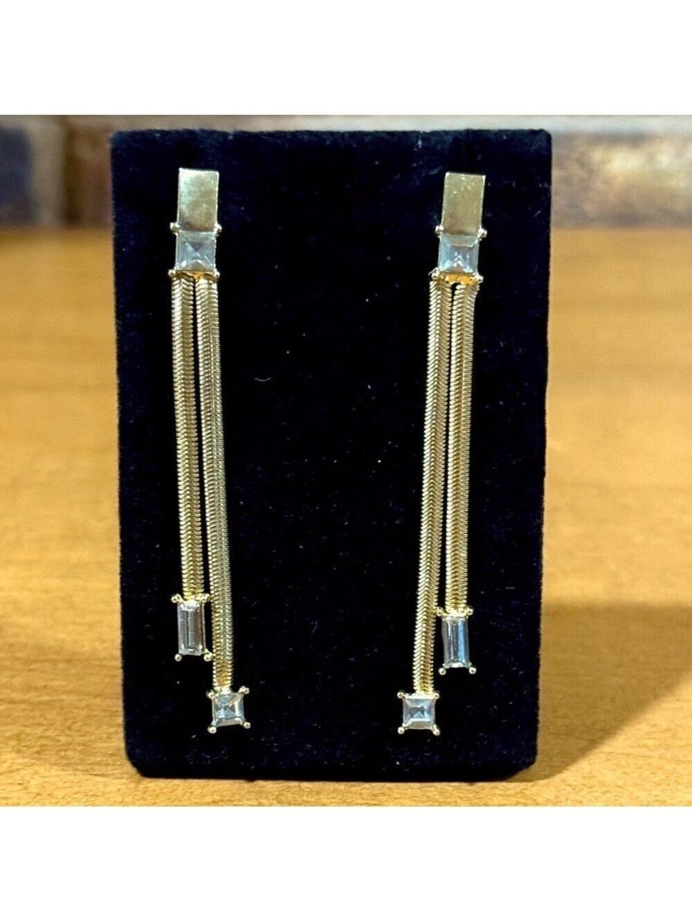 Vintage gold tone rhinestone accent double drop dangle earrings